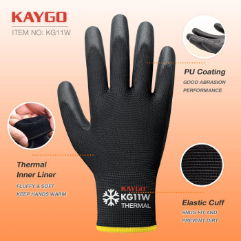 Kaygo Winter Work Gloves For Men And Women 12 Pairs Thermal Insulated Safety Work Gloves Pu Coated Smooth Grip On Palm Finge