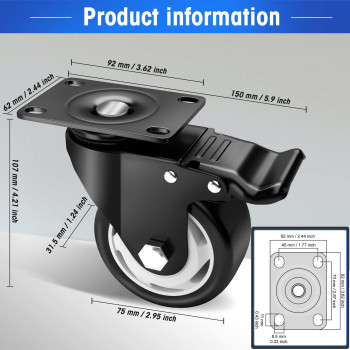 3 Caster Wheels Set Of 24 Heavy Duty Casters With Brake No Noise Locking Casters With Polyurethane Pu Wheels Swivel Plate