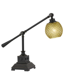 Benjara glass Shade Metal Desk Lamp with 2 USB Outlets, Dark Bronze and gold