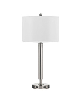 Benjara 100 Watt Metal Frame Night Stand Lamp with Fabric Shade, White and Silver