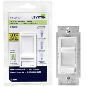 Leviton Sureslide Dimmer Switch For Dimmable Led Halogen And Incandescent Bulbs 6674P0W White