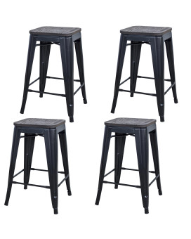 Rustic Gunmetal 24 In Metal Bar Stool With Wood Seat 4 Piece