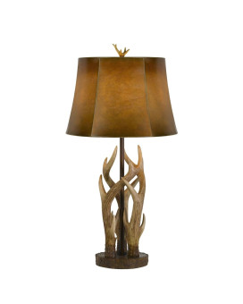 Benjara Bm224718 150W Leatherette Shade Table Lamp With Antler Polyresin Base Brown