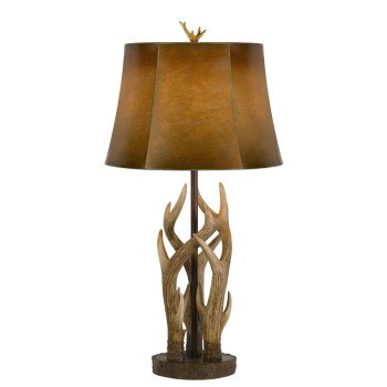 Benjara Bm224718 150W Leatherette Shade Table Lamp With Antler Polyresin Base Brown