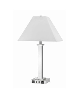 Benjara Bm224678 Trapezoid Shade Table Lamp With Metal Base 2 Usb Ports44 White Chrome