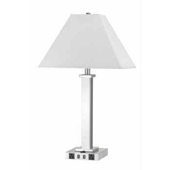 Benjara Bm224678 Trapezoid Shade Table Lamp With Metal Base 2 Usb Ports44 White Chrome