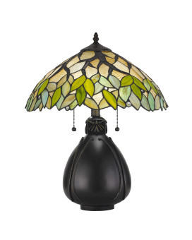 Benjara 2 Bulb Tiffany Table Lamp With Leaf Design Glass Shade Multicolor