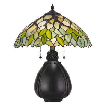 Benjara 2 Bulb Tiffany Table Lamp With Leaf Design Glass Shade Multicolor