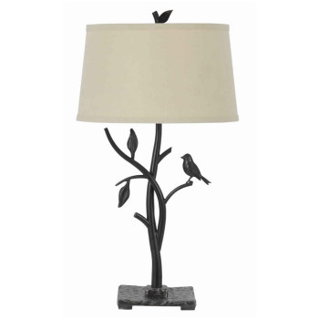 Benjara Bm223612 Metal Tree And Bird Body Table Lamp With Tapered Shade Black And Beige