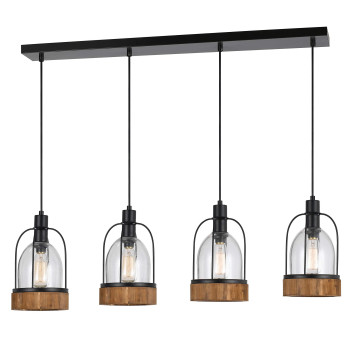 Benjara Metal Pendant Fixture With 4 Lantern Design Glass Shade Black And Clear