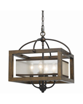 Benjara Bm223620 4 Bulb Semi Flush Pendant With Wooden Frame Organza Striped Shade44 Brown