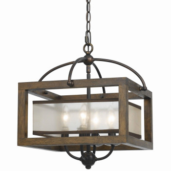 Benjara Bm223620 4 Bulb Semi Flush Pendant With Wooden Frame Organza Striped Shade44 Brown