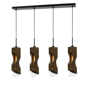 Benjara 4 Light Metal Frame Pendant Fixture With Wooden And Glass Shades Brown