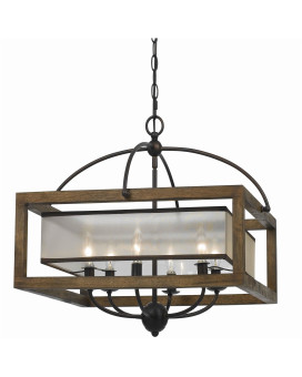 Benjara Bm223594 6 Bulb Square Chandelier With Wooden Frame Organza Striped Shade44 Brown