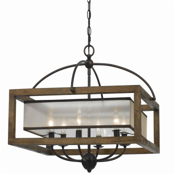 Benjara Bm223594 6 Bulb Square Chandelier With Wooden Frame Organza Striped Shade44 Brown