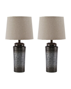 Benjara Bm227191 Ribbed Design Metal Body Table Lamp With Tapered Fabric Shade Gray Set Of 2