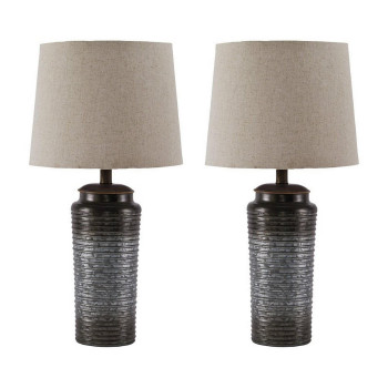 Benjara Bm227191 Ribbed Design Metal Body Table Lamp With Tapered Fabric Shade Gray Set Of 2