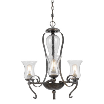 Benjara Bm226298 3 Bulb Chandelier With Scrolled Metal Frame And Glass Shades Gray And Clear