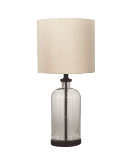 Benjara Cylindrical Seeded Glass Table Lamp With Fabric Drum Shade Beige And Clear