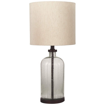 Benjara Cylindrical Seeded Glass Table Lamp With Fabric Drum Shade Beige And Clear