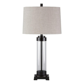 Benjara Glass And Metal Frame Table Lamp With Fabric Shade Gray And Black