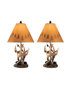 Benjara Bm227560 Resin Body Table Lamp With Antler Pinecone Design44 Brown Set Of 2