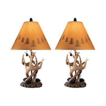 Benjara Bm227560 Resin Body Table Lamp With Antler Pinecone Design44 Brown Set Of 2