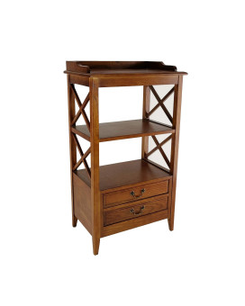 Benjara X Frame Wooden Rack With 2 Drawers And Open Shelf Brown