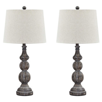 Benjara Polyresin Table Lamp With Turned Base Set Of 2 White And Brown