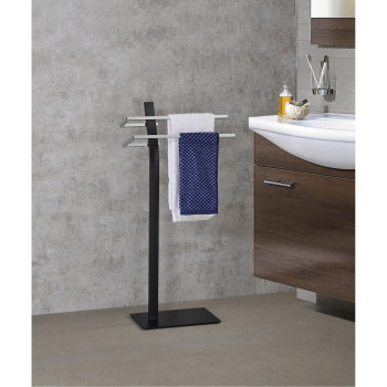 Skipper Freestanding Bathroom Towel Rack With Two Bars Black Chrome Metal