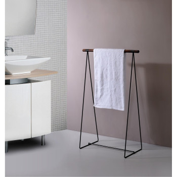 Tinley Free Standing Modern Bathroom Towel Rack Stand Walnut Wood Black Metal