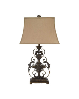 Benjara Bell Shape Fabric Shade Table Lamp With Floral Metal Base Beige And Bronze