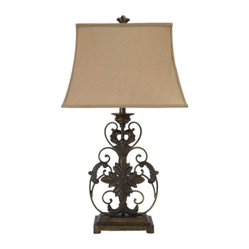 Benjara Bell Shape Fabric Shade Table Lamp With Floral Metal Base Beige And Bronze