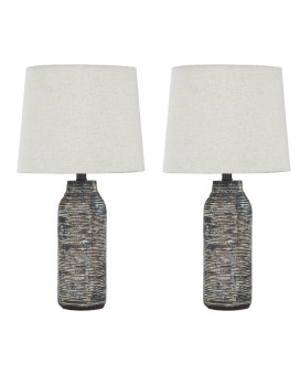 Fabric Shade Table Lamp With Textured Base Set Of 2 White And Black