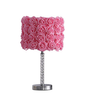 Benjara Bloom Roses Drum Shade Table Lamp With Twisted Acrylic Base Pink