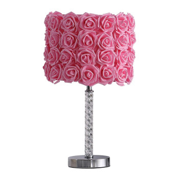 Benjara Bloom Roses Drum Shade Table Lamp With Twisted Acrylic Base Pink