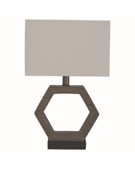 Benjara Hexagonal Wooden Base Table Lamp With Rectangular Shade Brown And Gray