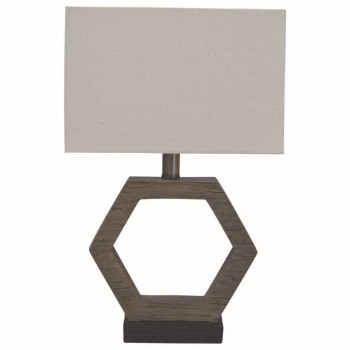 Benjara Hexagonal Wooden Base Table Lamp With Rectangular Shade Brown And Gray