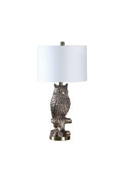 Benjara Polyresin Sitting Owl Design Table Lamp With Round Base Silver