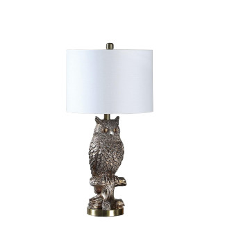 Benjara Polyresin Sitting Owl Design Table Lamp With Round Base Silver