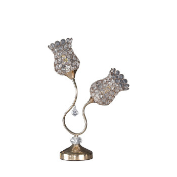 Benjara Metal Table Lamp With Floral Trumpet Shade And Crystal Accents Gold