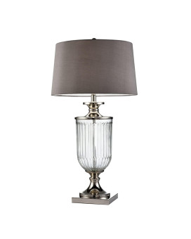 Benjara Table Lamp With Glass Pedestal Base And Fabric Shade Silver