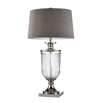 Benjara Table Lamp With Glass Pedestal Base And Fabric Shade Silver