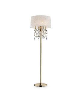 Benjara Floor Lamp With Crystal Accent And Baroque Printed Shade Gold