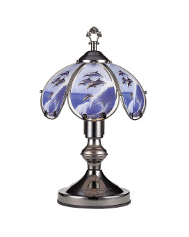 Umbrella Shade Glass Table Lamp With Dolphin Print Silver