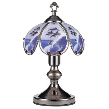 Umbrella Shade Glass Table Lamp With Dolphin Print Silver