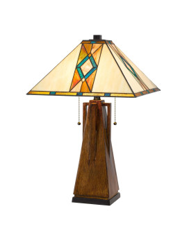 Table Lamp With Tiffany Shade And Geometric Design Multicolor