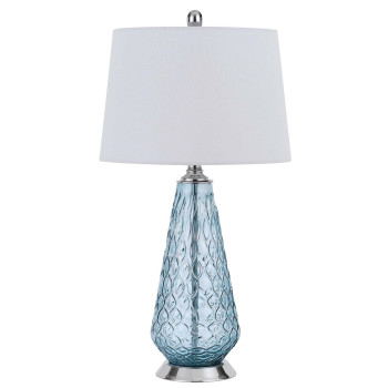 Benjara Table Lamp With Tear Drop Pattern Glass Base White And Blue