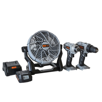 Proseries 5 Piece Combo Kit With Fan 38 Inch Drill And 14 Inch Impact Driver Set With 20V Lithium Ion Rechargeable Battery