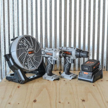 Proseries 5 Piece Combo Kit With Fan 38 Inch Drill And 14 Inch Impact Driver Set With 20V Lithium Ion Rechargeable Battery